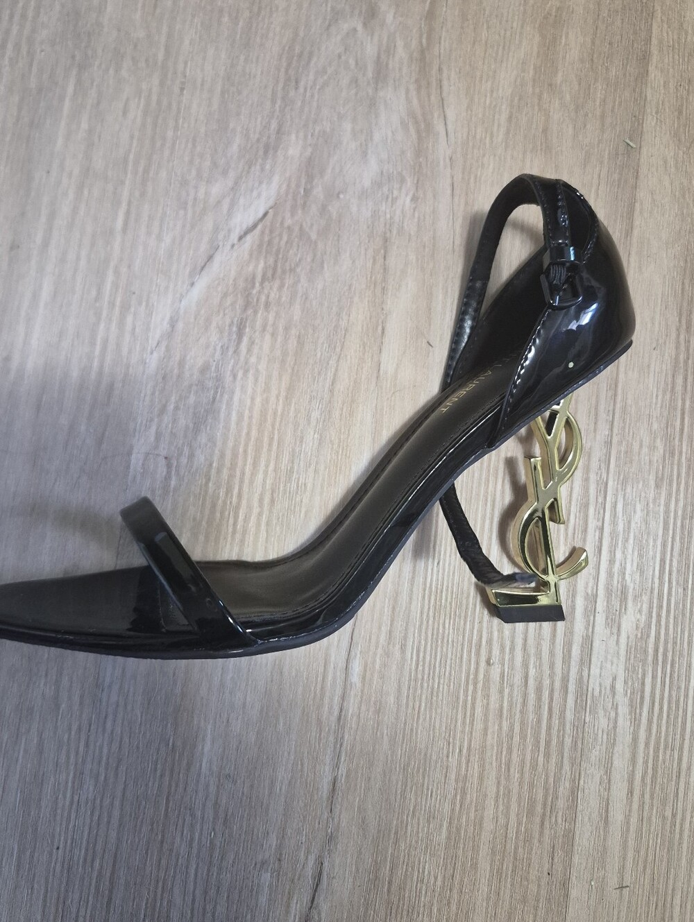 Saint Laurent Black Patent Leather Stiletto with Gold YSL Logo Heel